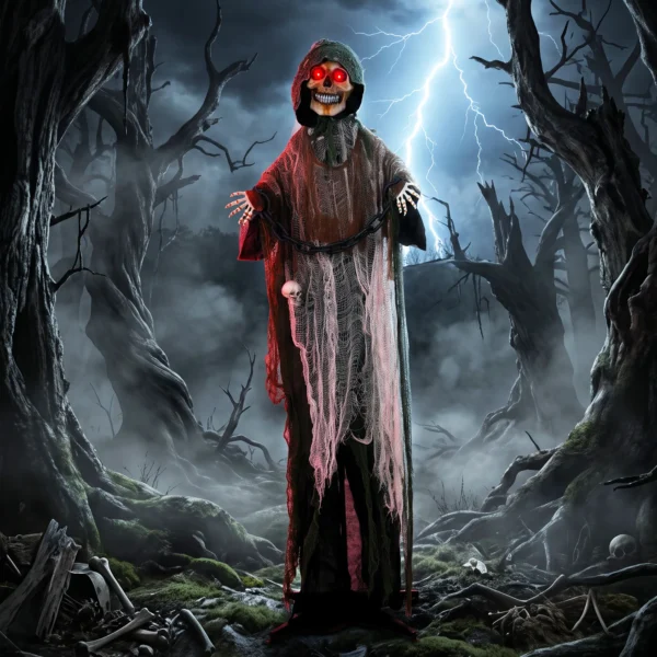 Animierter Sensenmann, 170 Cm, Lebensgroße Halloween Animatronic Mit Beweglichen Händen/Kopf, Leuchtenden Augen Und Gruselsound