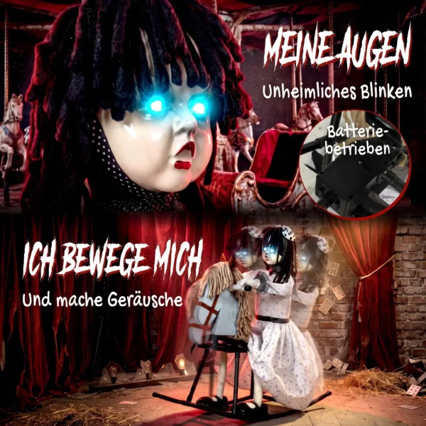 Animiertes Halloween Mädchen Auf Schaukelpferd Mit Gruseligen Reimen, Leuchtenden Augen Und Sound /Touch Aktivierung