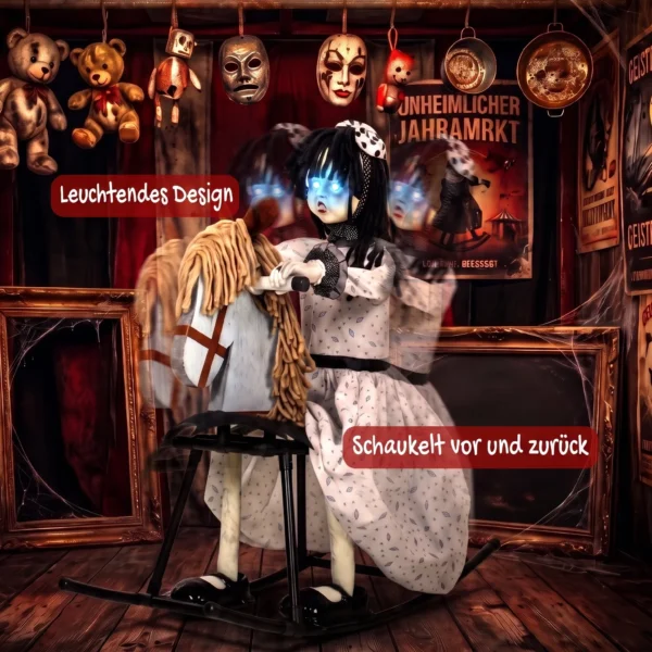Animiertes Halloween Mädchen Auf Schaukelpferd Mit Gruseligen Reimen, Leuchtenden Augen Und Sound /Touch Aktivierung