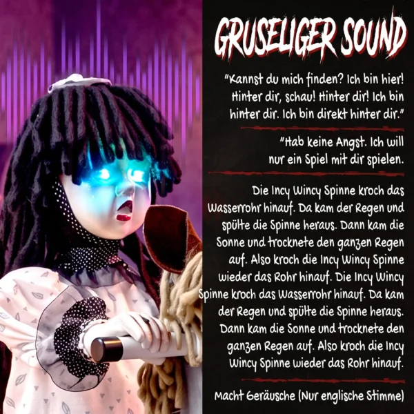 Animiertes Halloween Mädchen Auf Schaukelpferd Mit Gruseligen Reimen, Leuchtenden Augen Und Sound /Touch Aktivierung