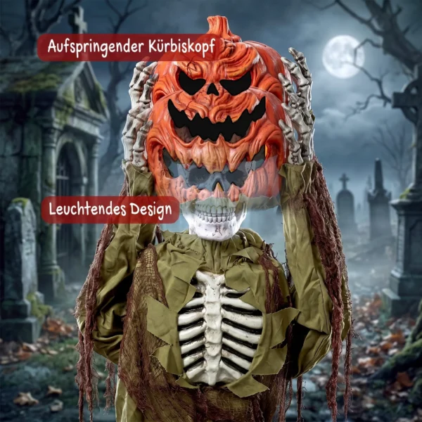 Animiertes Pop up Kürbis Skelett, 173 Cm, Gruselige Halloween Deko Mit Licht Sowie Sound Und Berührungsaktivierung