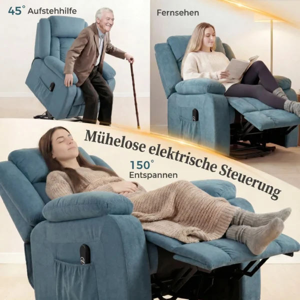 Aufstehsessel Mit Weichem Bezug, Recliner Sessel Mit Fernbedienung Und Seitentaschen, Blau