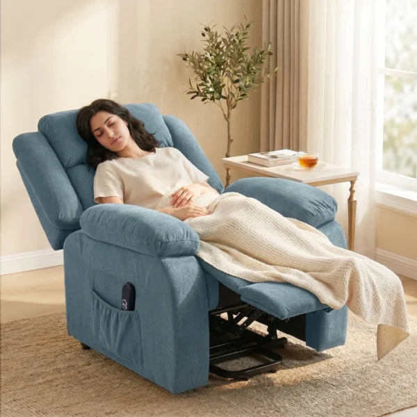 Aufstehsessel Mit Weichem Bezug, Recliner Sessel Mit Fernbedienung Und Seitentaschen, Blau