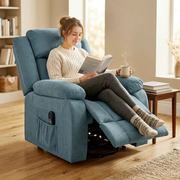 Aufstehsessel Mit Weichem Bezug, Recliner Sessel Mit Fernbedienung Und Seitentaschen, Blau