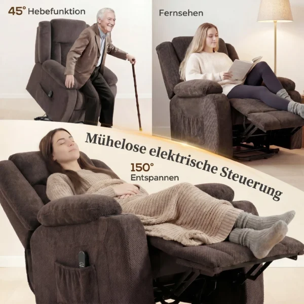 Aufstehsessel Mit Weichem Bezug, Recliner Sessel Mit Fernbedienung Und Seitentaschen, Braun