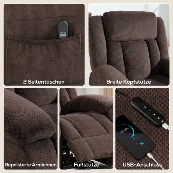 Aufstehsessel Mit Weichem Bezug, Recliner Sessel Mit Fernbedienung Und Seitentaschen, Braun