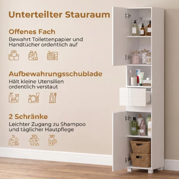 Badezimmerschrank Schmaler Badschrank Mit Verstellbaren Einlegeböden, 30 X 30 X 170 Cm, Weiß