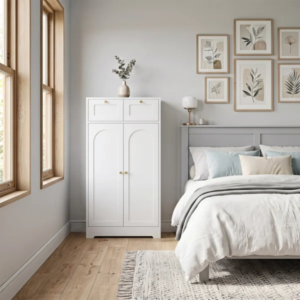 Badkamerkast Smalle Badkast Met 2 Lades, Verstelbare Plank 60 X 30 X 108 Cm Wit