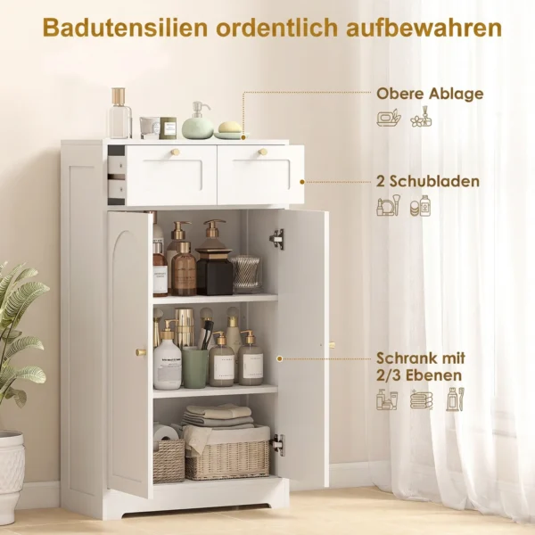 Badkamerkast Smalle Badkast Met 2 Lades, Verstelbare Plank 60 X 30 X 108 Cm Wit