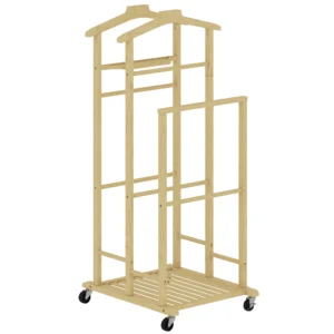 Bamboe Kledingrek Op Wielen, Compact, Met Hangers, Hangstangen, Opbergruimte En Onderste Plank, Eikenhout Look