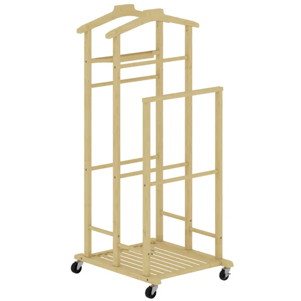 Bamboe Kledingrek Op Wielen, Compact, Met Hangers, Hangstangen, Opbergruimte En Onderste Plank, Eikenhout Look