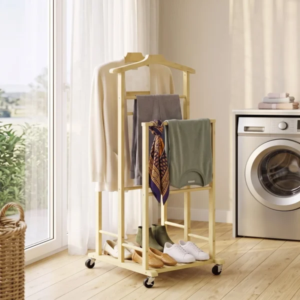 Bamboe Kledingrek Op Wielen, Compact, Met Hangers, Hangstangen, Opbergruimte En Onderste Plank, Eikenhout Look