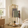 Bamboe Kledingrek Op Wielen, Compact, Met Hangers, Hangstangen, Opbergruimte En Onderste Plank, Eikenhout Look