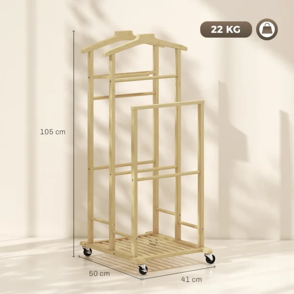 Bamboe Kledingrek Op Wielen, Compact, Met Hangers, Hangstangen, Opbergruimte En Onderste Plank, Eikenhout Look