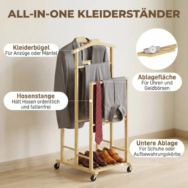 Bamboe Kledingrek Op Wielen, Compact, Met Hangers, Hangstangen, Opbergruimte En Onderste Plank, Eikenhout Look