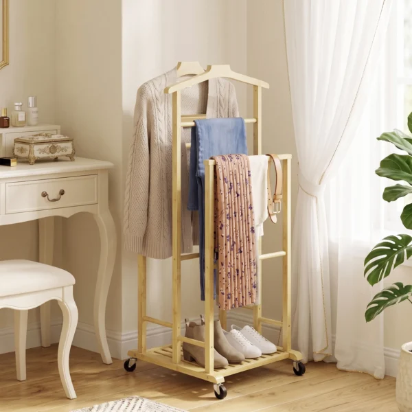 Bamboe Kledingrek Op Wielen, Compact, Met Hangers, Hangstangen, Opbergruimte En Onderste Plank, Eikenhout Look
