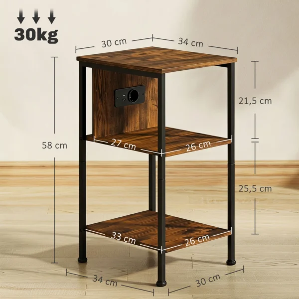 Beistelltisch Mit Ladestation Und 2 Offenen Ablagen, Tigerholz Optik
