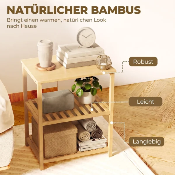 Bijzettafel Van Bamboe, 3 Niveaus Met Lamellenbodems, Voor Kleine Ruimtes, Woonkamer & Slaapkamer, Natuur