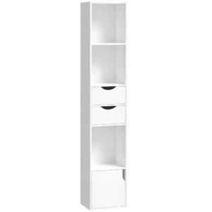 Boekenkast Met 2 Lades, Smalle Boekenkast Met 3 Open Schappen, Voor Kantoor, Slaapkamer 30x24x158cm Wit