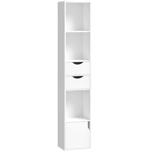 Boekenkast Met 2 Lades, Smalle Boekenkast Met 3 Open Schappen, Voor Kantoor, Slaapkamer 30x24x158cm Wit