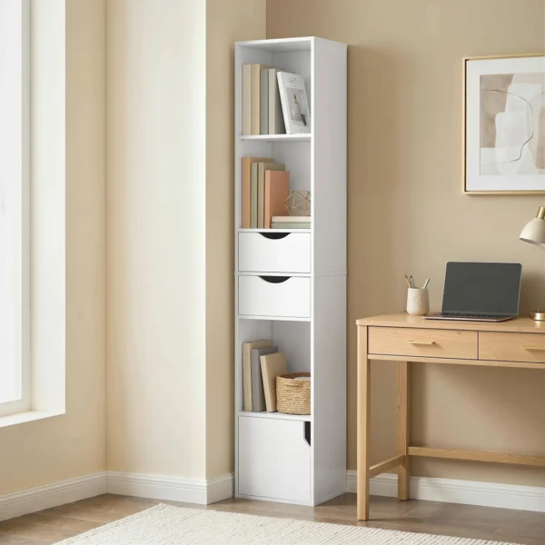 Boekenkast Met 2 Lades, Smalle Boekenkast Met 3 Open Schappen, Voor Kantoor, Slaapkamer 30x24x158cm Wit
