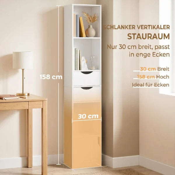 Boekenkast Met 2 Lades, Smalle Boekenkast Met 3 Open Schappen, Voor Kantoor, Slaapkamer 30x24x158cm Wit