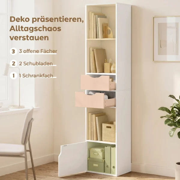 Boekenkast Met 2 Lades, Smalle Boekenkast Met 3 Open Schappen, Voor Kantoor, Slaapkamer 30x24x158cm Wit