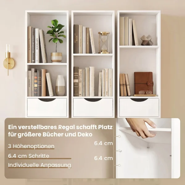 Boekenkast Met 2 Lades, Smalle Boekenkast Met 3 Open Schappen, Voor Kantoor, Slaapkamer 30x24x158cm Wit