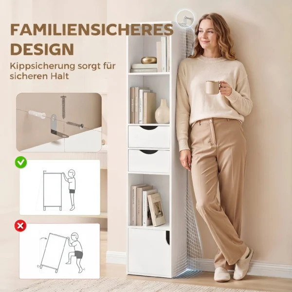 Boekenkast Met 2 Lades, Smalle Boekenkast Met 3 Open Schappen, Voor Kantoor, Slaapkamer 30x24x158cm Wit