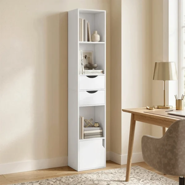 Boekenkast Met 2 Lades, Smalle Boekenkast Met 3 Open Schappen, Voor Kantoor, Slaapkamer 30x24x158cm Wit