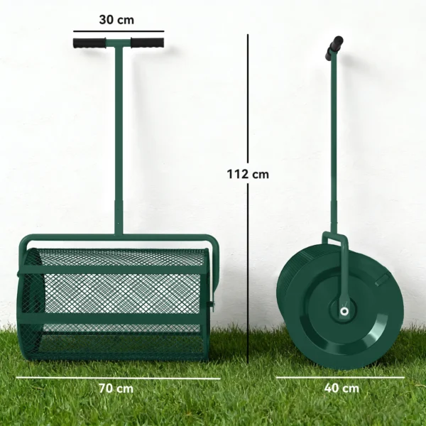 Compoststrooier 75L 61x40cm Meststrooier Gazon Tuin Met T handvat Gaasmand Metaal Groen