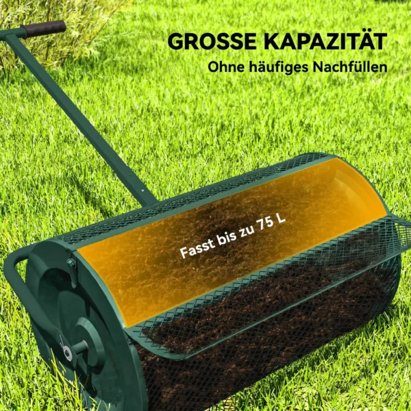 Compoststrooier 75L 61x40cm Meststrooier Gazon Tuin Met T handvat Gaasmand Metaal Groen