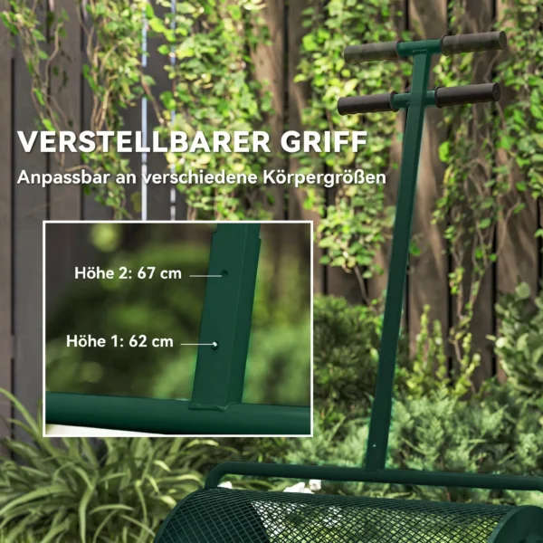 Compoststrooier 75L 61x40cm Meststrooier Gazon Tuin Met T handvat Gaasmand Metaal Groen