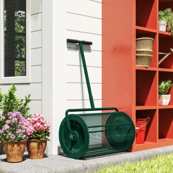 Compoststrooier 75L 61x40cm Meststrooier Gazon Tuin Met T handvat Gaasmand Metaal Groen