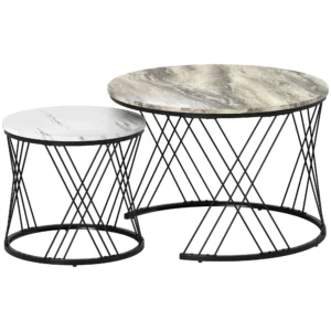 Couchtische Im 2er Set, Marmoroptik, Spanplatte, Metall, Runde Kaffeetische Für Wohnzimmer, Ineinanderstellbar Grau+Weiß
