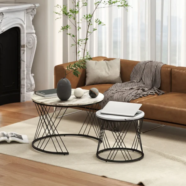 Couchtische Im 2er Set, Marmoroptik, Spanplatte, Metall, Runde Kaffeetische Für Wohnzimmer, Ineinanderstellbar Grau+Weiß