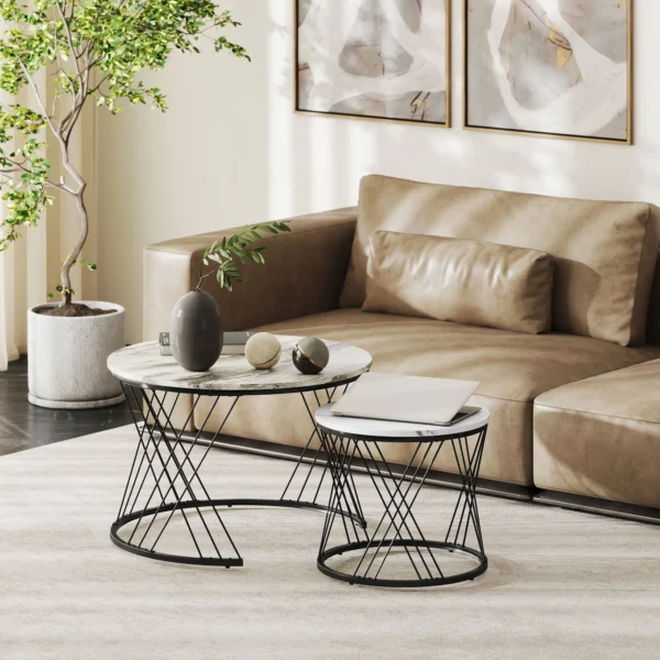 Couchtische Im 2er Set, Marmoroptik, Spanplatte, Metall, Runde Kaffeetische Für Wohnzimmer, Ineinanderstellbar Grau+Weiß