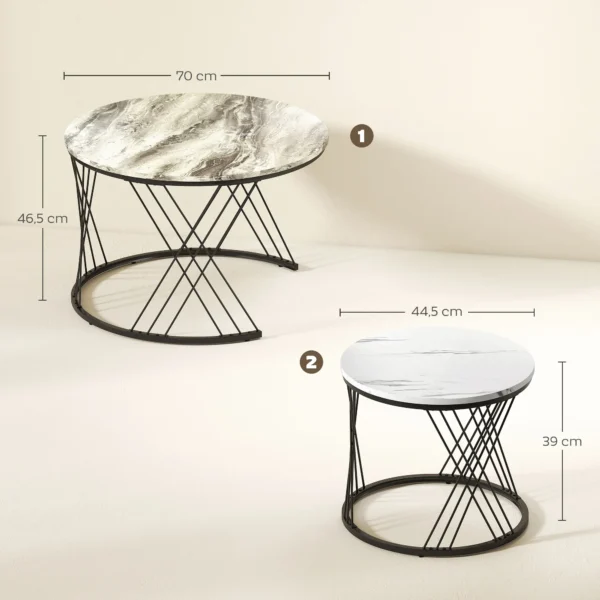 Couchtische Im 2er Set, Marmoroptik, Spanplatte, Metall, Runde Kaffeetische Für Wohnzimmer, Ineinanderstellbar Grau+Weiß