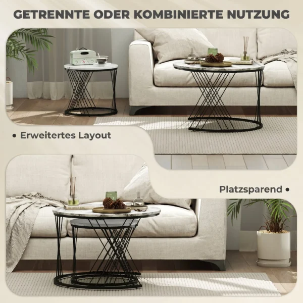 Couchtische Im 2er Set, Marmoroptik, Spanplatte, Metall, Runde Kaffeetische Für Wohnzimmer, Ineinanderstellbar Grau+Weiß