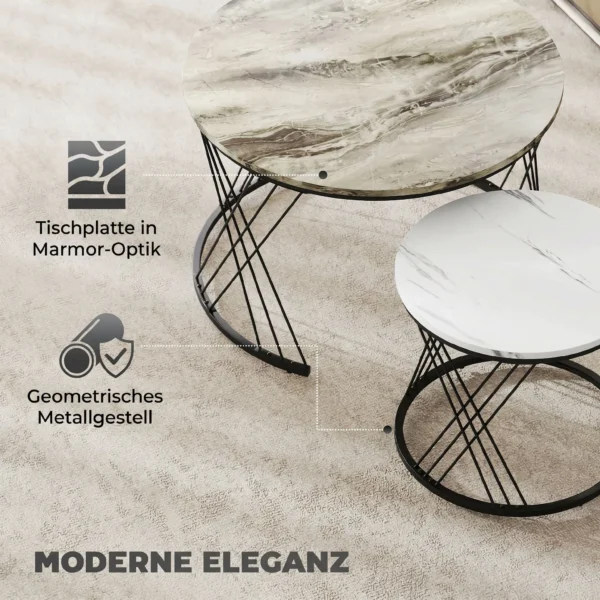 Couchtische Im 2er Set, Marmoroptik, Spanplatte, Metall, Runde Kaffeetische Für Wohnzimmer, Ineinanderstellbar Grau+Weiß