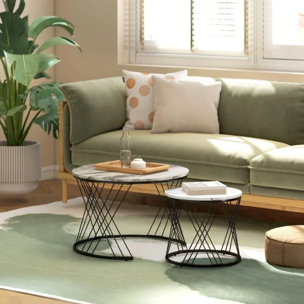 Couchtische Im 2er Set, Marmoroptik, Spanplatte, Metall, Runde Kaffeetische Für Wohnzimmer, Ineinanderstellbar Grau+Weiß