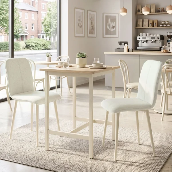 Eetkamerstoelen Set Van 2, Gestoffeerde Keukenstoelen In Linnenlook Met Lichte Poten, Crème