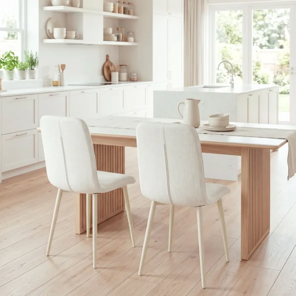 Eetkamerstoelen Set Van 2, Gestoffeerde Keukenstoelen In Linnenlook Met Lichte Poten, Crème