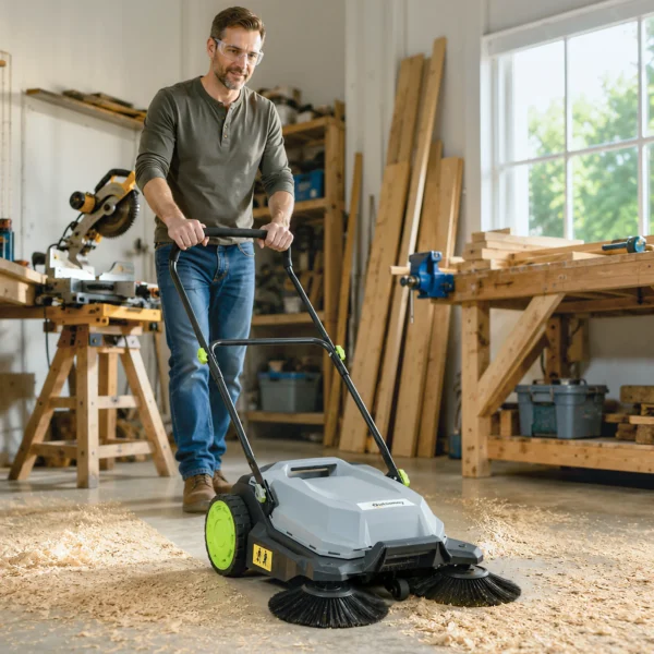 Ehrmaschine Manuell Mit 68 Cm Kehrbreite, 24 L Schmutzbehälter, Höhenverstellbar Klappbar Griff 3 Bürsten Kehrsystem