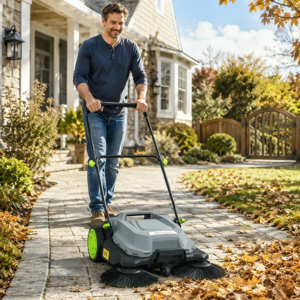 Ehrmaschine Manuell Mit 68 Cm Kehrbreite, 24 L Schmutzbehälter, Höhenverstellbar Klappbar Griff 3 Bürsten Kehrsystem