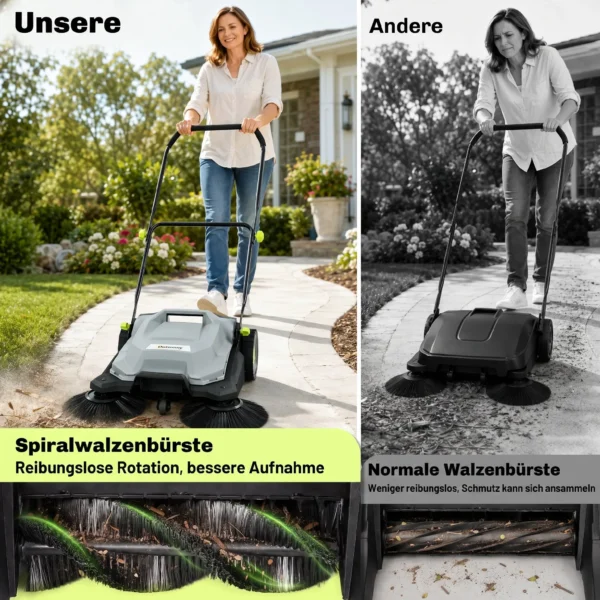 Ehrmaschine Manuell Mit 68 Cm Kehrbreite, 24 L Schmutzbehälter, Höhenverstellbar Klappbar Griff 3 Bürsten Kehrsystem
