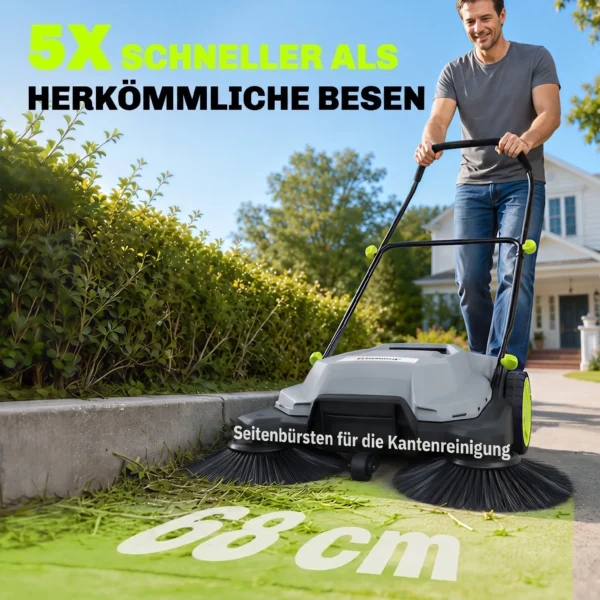 Ehrmaschine Manuell Mit 68 Cm Kehrbreite, 24 L Schmutzbehälter, Höhenverstellbar Klappbar Griff 3 Bürsten Kehrsystem