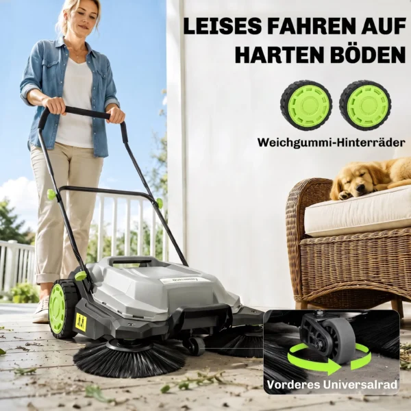 Ehrmaschine Manuell Mit 68 Cm Kehrbreite, 24 L Schmutzbehälter, Höhenverstellbar Klappbar Griff 3 Bürsten Kehrsystem