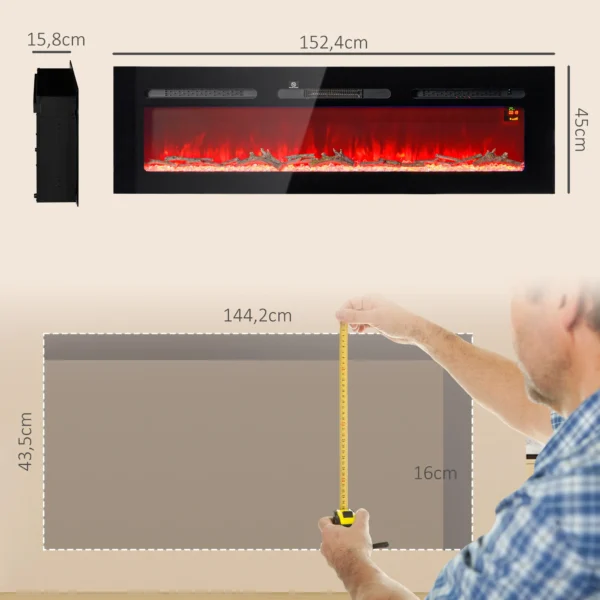 Elektrische Openhaard Met Wandbevestiging En Afstandsbediening, Kunstmatige Houtblokken En Kristallen, 1800W Vermogen, Zwart