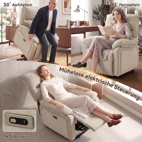 Elektrische Sta op Stoel Met Massage & Warmte, Relaxstoel Van Chenille Met Hoogdicht Schuim En Dikke Rugleuning, Crèmewit